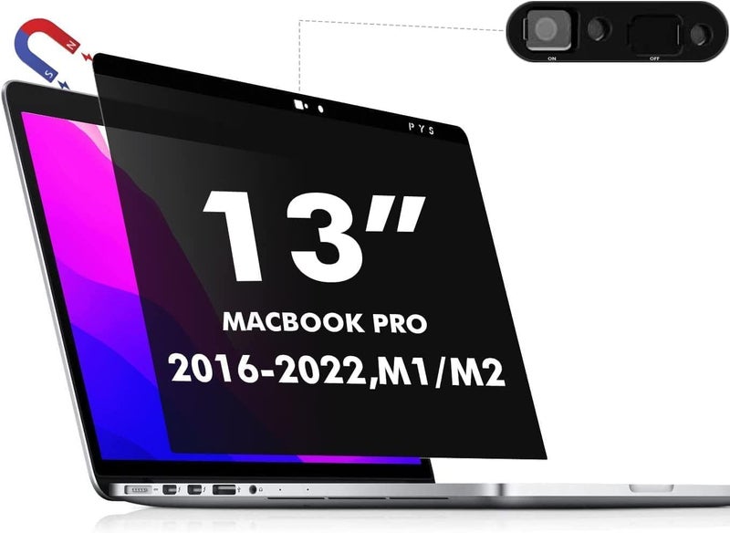 PYS Privacy Screen for MacBook Pro 13.3 Inch Laptop (2016-2022 M1/M2) â€“ Magnetic Anti-Spy Security Filter with Webcam Cover Slider, Easy On/Off & Touch Bar Compatibility for MacBook Pro 13 inch Laptops - Image 1